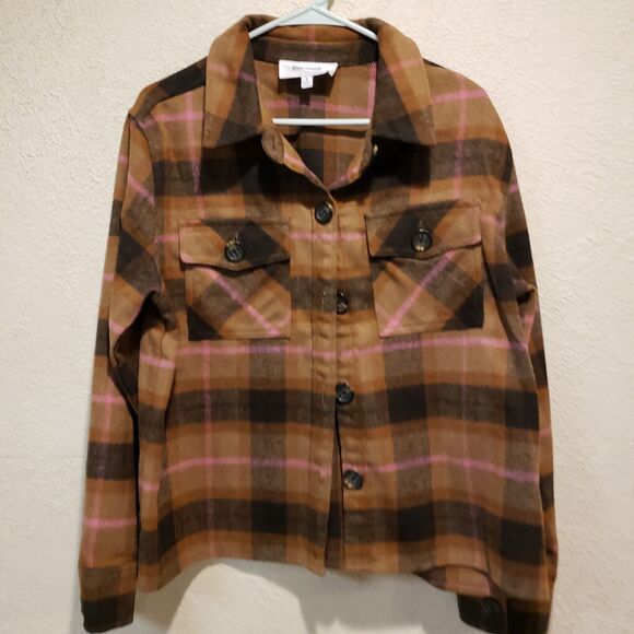 New BB Dakota By Steve Madden Womens  L Button Boxy Shacket Brown Pink Plaid - Picture 1 of 11